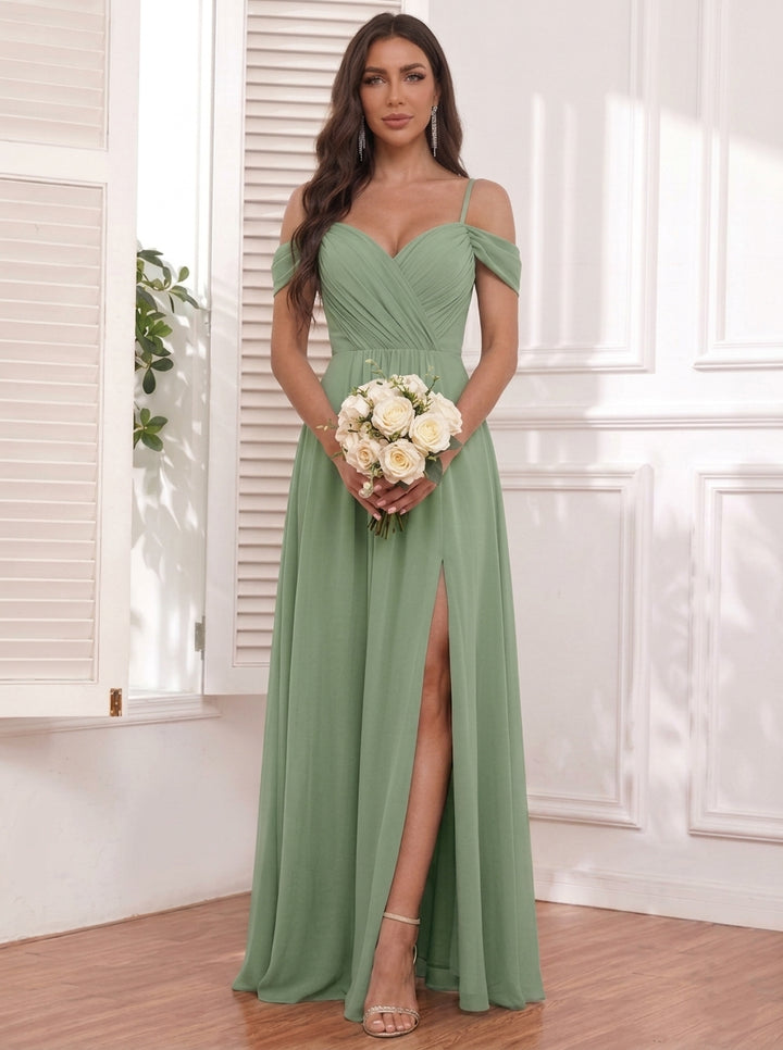 A-Line/Princess Spaghetti Straps Chiffon Bridesmaid Dresses with Split Side Sleeveless Floor-Length Ruched
