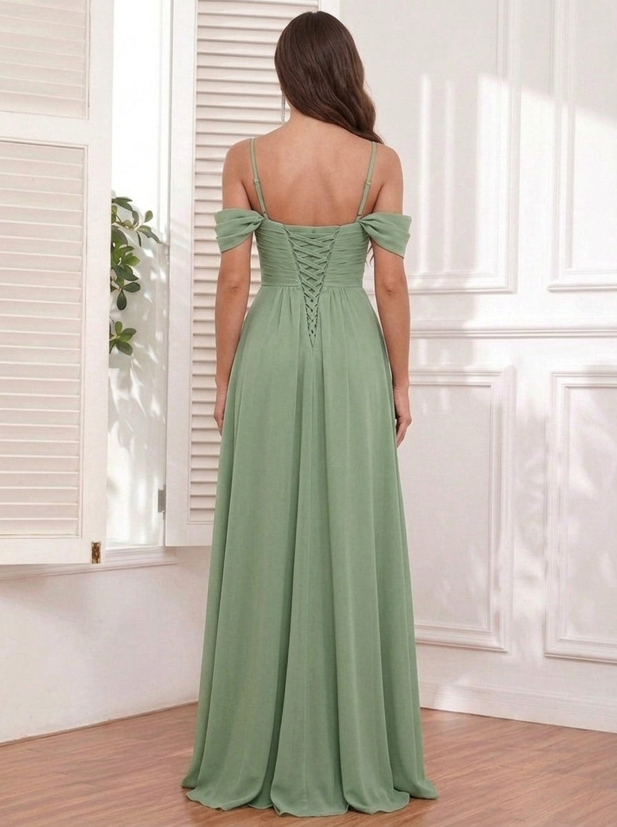 A-Line/Princess Spaghetti Straps Chiffon Bridesmaid Dresses with Split Side Sleeveless Floor-Length Ruched