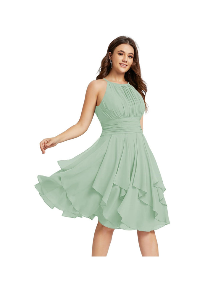 A Line/Princess Halter  Sleeveless Short/Mini  Bridesmaid Dresses Chiffon Ruffle Pleated Pockets