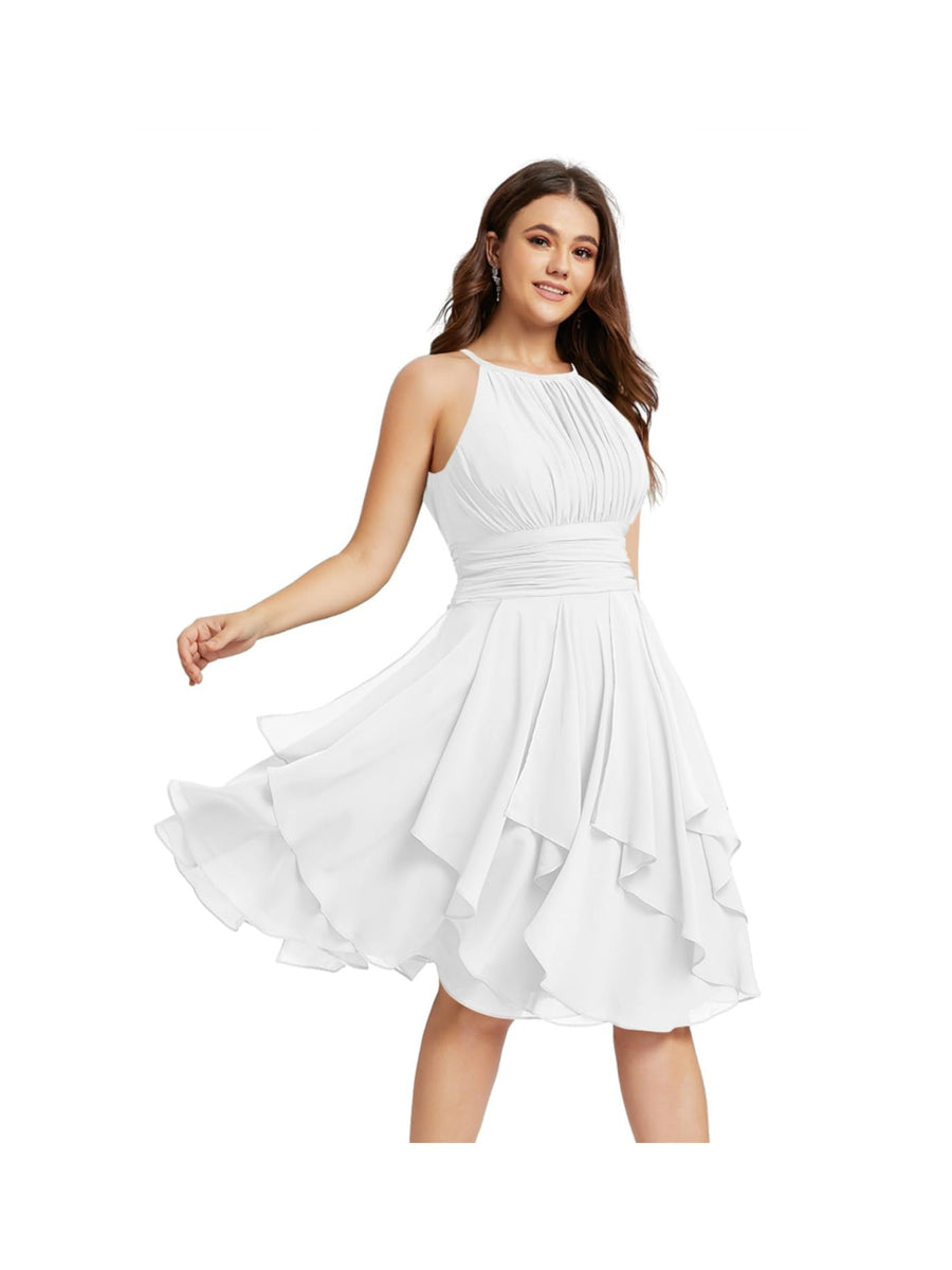 A-Line/Princess Halter  Sleeveless Short/Mini  Bridesmaid Dresses Chiffon Ruffle Pleated Pockets