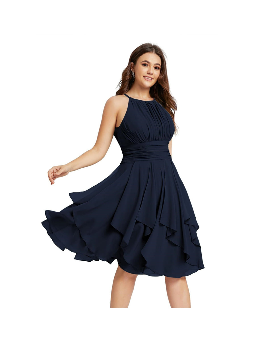 A-Line/Princess Halter  Sleeveless Short/Mini  Bridesmaid Dresses Chiffon Ruffle Pleated Pockets