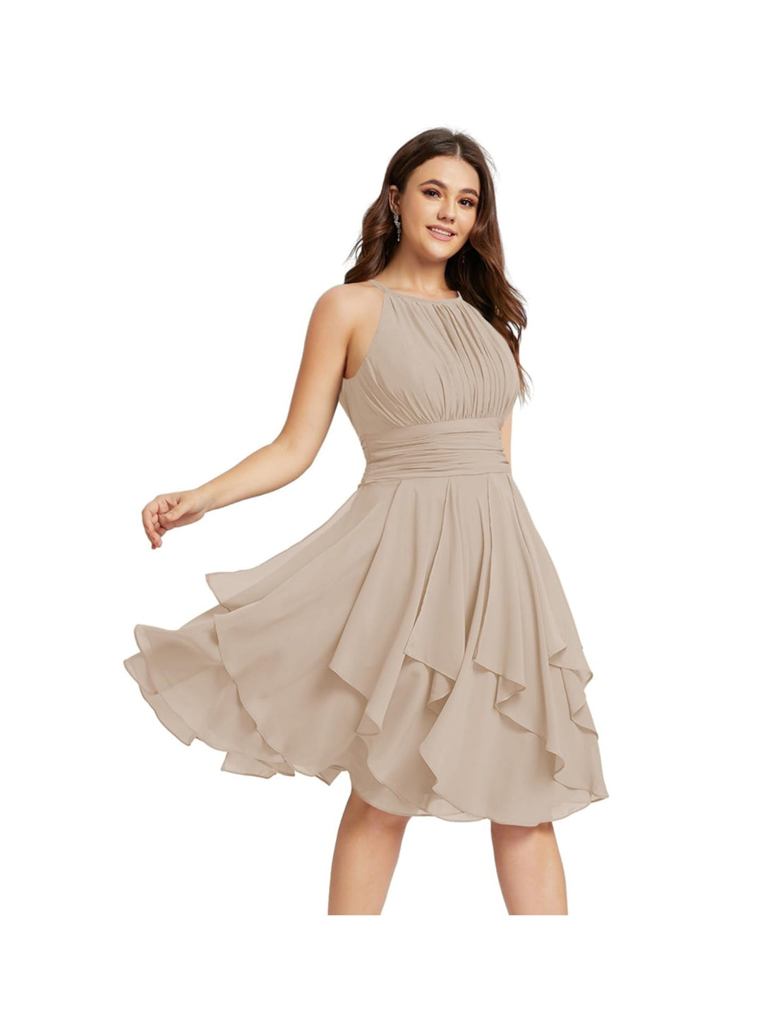 A-Line/Princess Halter Sleeveless Short/Mini Bridesmaid Dresses Chiffo - Mondressy A-Line/Princess Halter Sleeveless Short/Mini Bridesmaid Dresses Chiffo - Mondressy