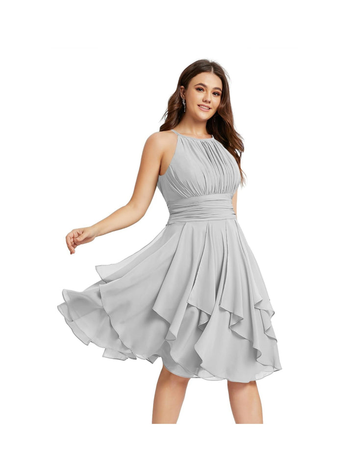 A Line/Princess Halter  Sleeveless Short/Mini  Bridesmaid Dresses Chiffon Ruffle Pleated Pockets