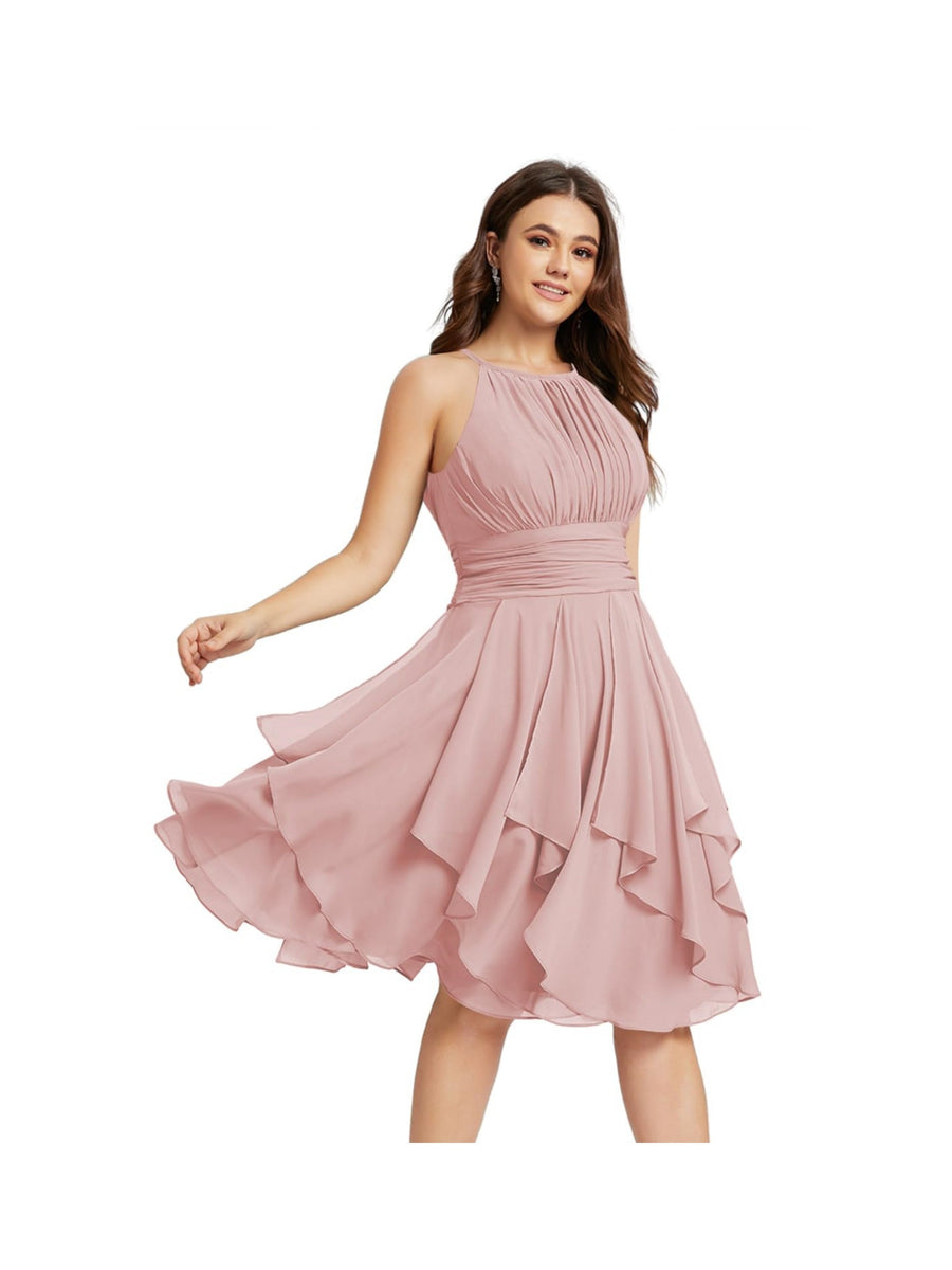 A-Line/Princess Halter  Sleeveless Short/Mini  Bridesmaid Dresses Chiffon Ruffle Pleated Pockets