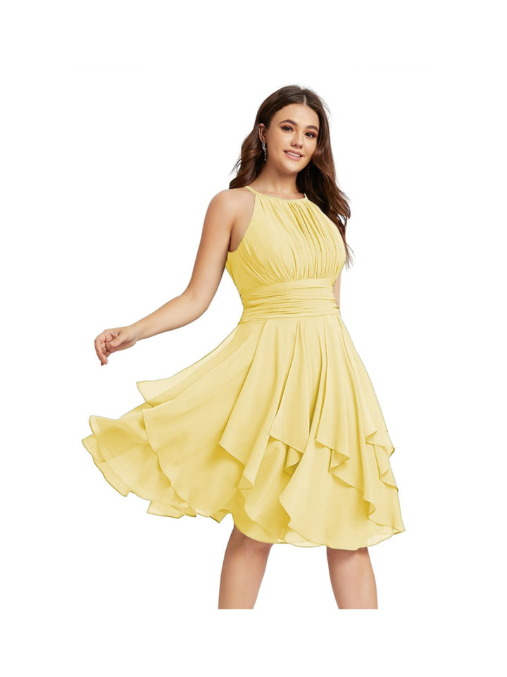 A Line/Princess Halter  Sleeveless Short/Mini  Bridesmaid Dresses Chiffon Ruffle Pleated Pockets