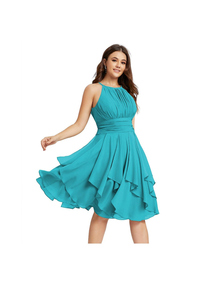 A Line/Princess Halter  Sleeveless Short/Mini  Bridesmaid Dresses Chiffon Ruffle Pleated Pockets