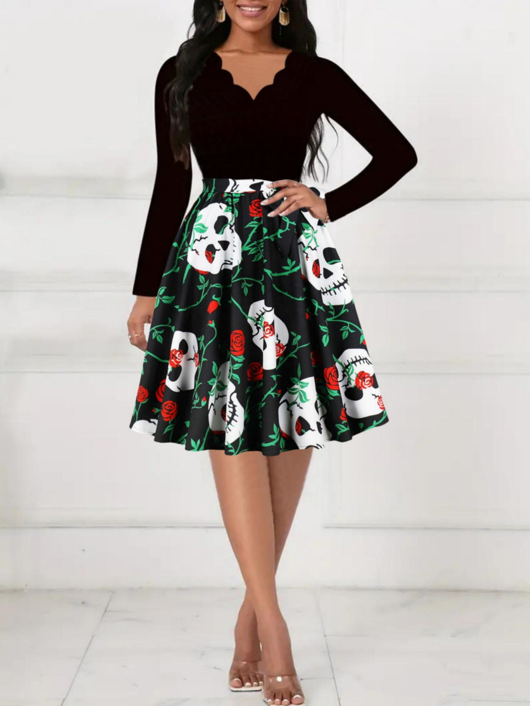 A-Line/Princess V-neck Long Sleeves Knee-Length Prints Halloween Performance Costumes Dress