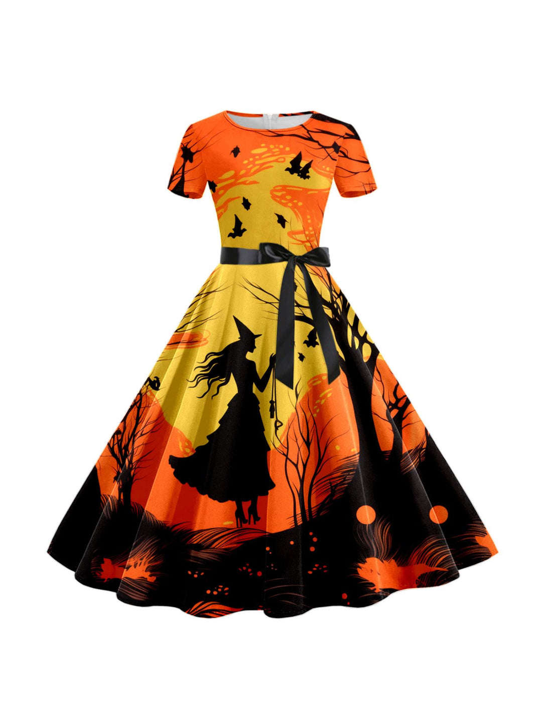 A-Line/Princess Round Neck Short Sleeves Knee Length Halloween Cartoon Printed Performance Costumes Dress