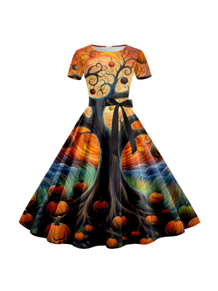 A-Line/Princess Round Neck Short Sleeves Knee Length Halloween Cartoon Printed Performance Costumes Dress