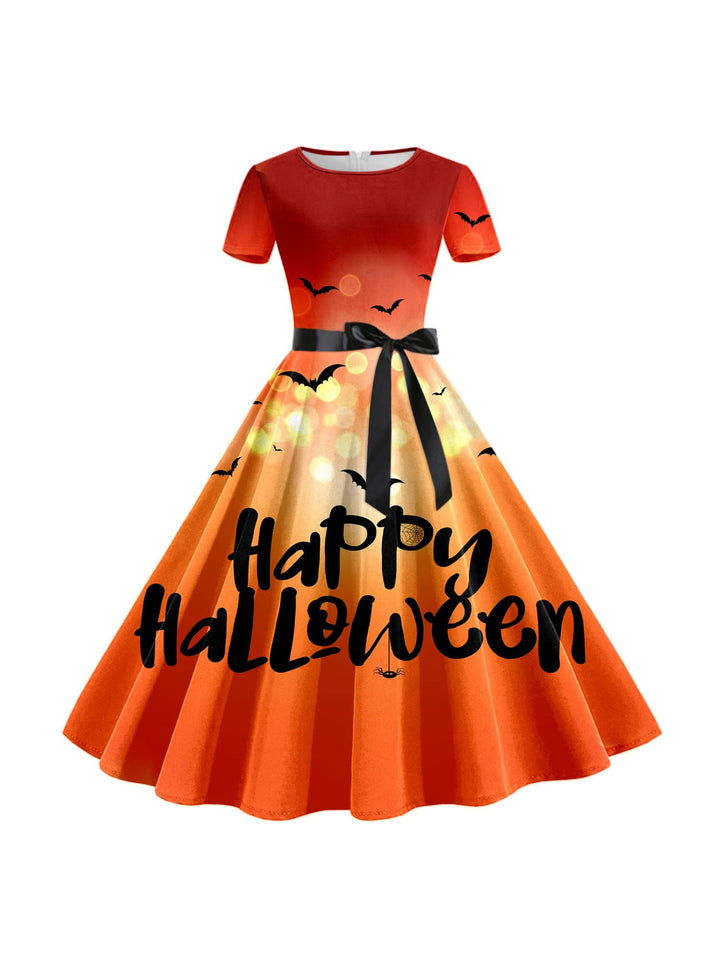 A-Line/Princess Round Neck Short Sleeves Knee Length Halloween Cartoon Printed Performance Costumes Dress