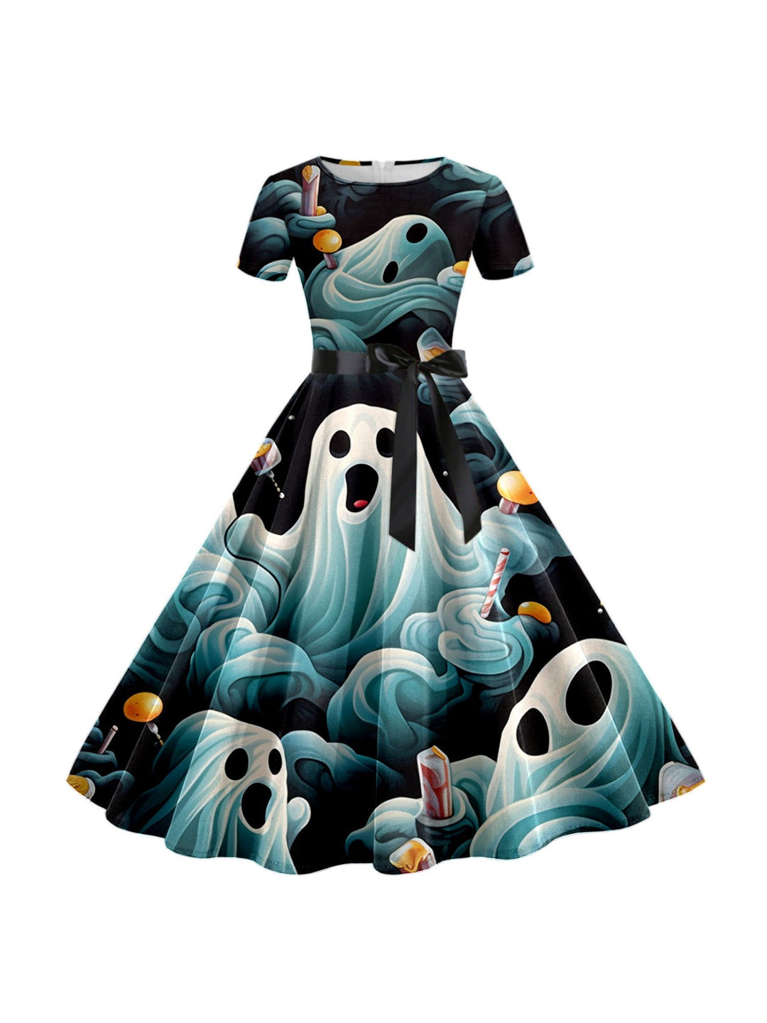 A-Line/Princess Round Neck Short Sleeves Knee Length Halloween Cartoon Printed Performance Costumes Dress