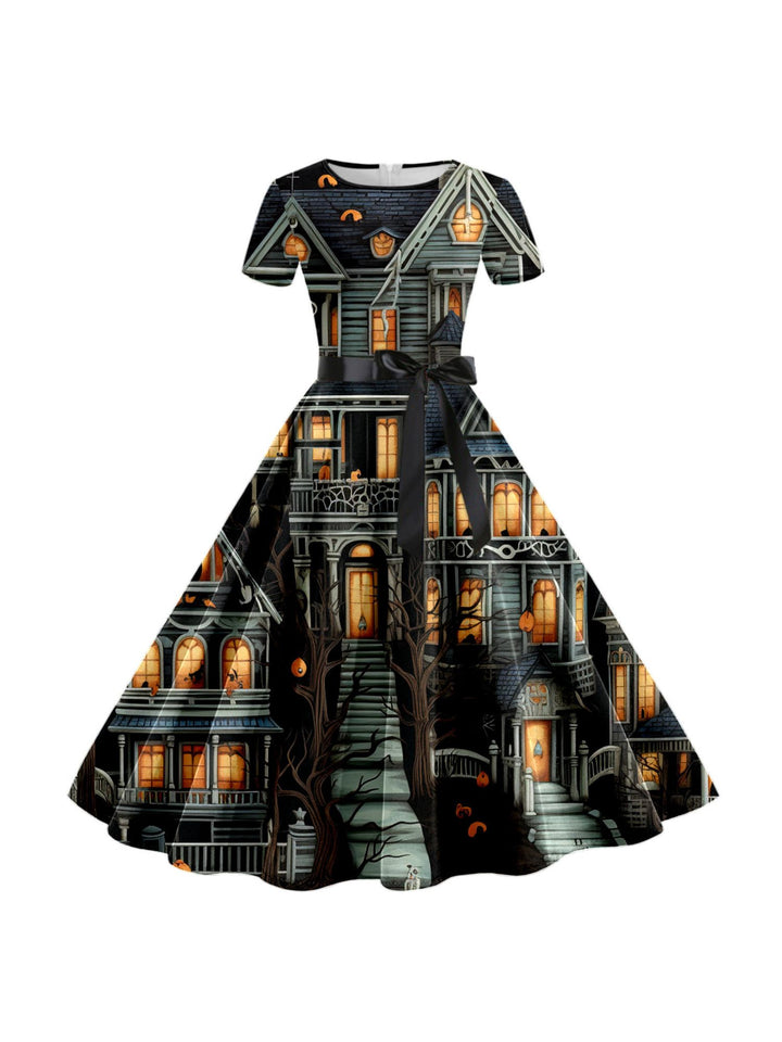 A-Line/Princess Round Neck Short Sleeves Knee Length Halloween Cartoon Printed Performance Costumes Dress