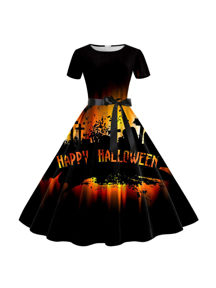 A-Line/Princess Round Neck Short Sleeves Knee Length Halloween Cartoon Printed Performance Costumes Dress