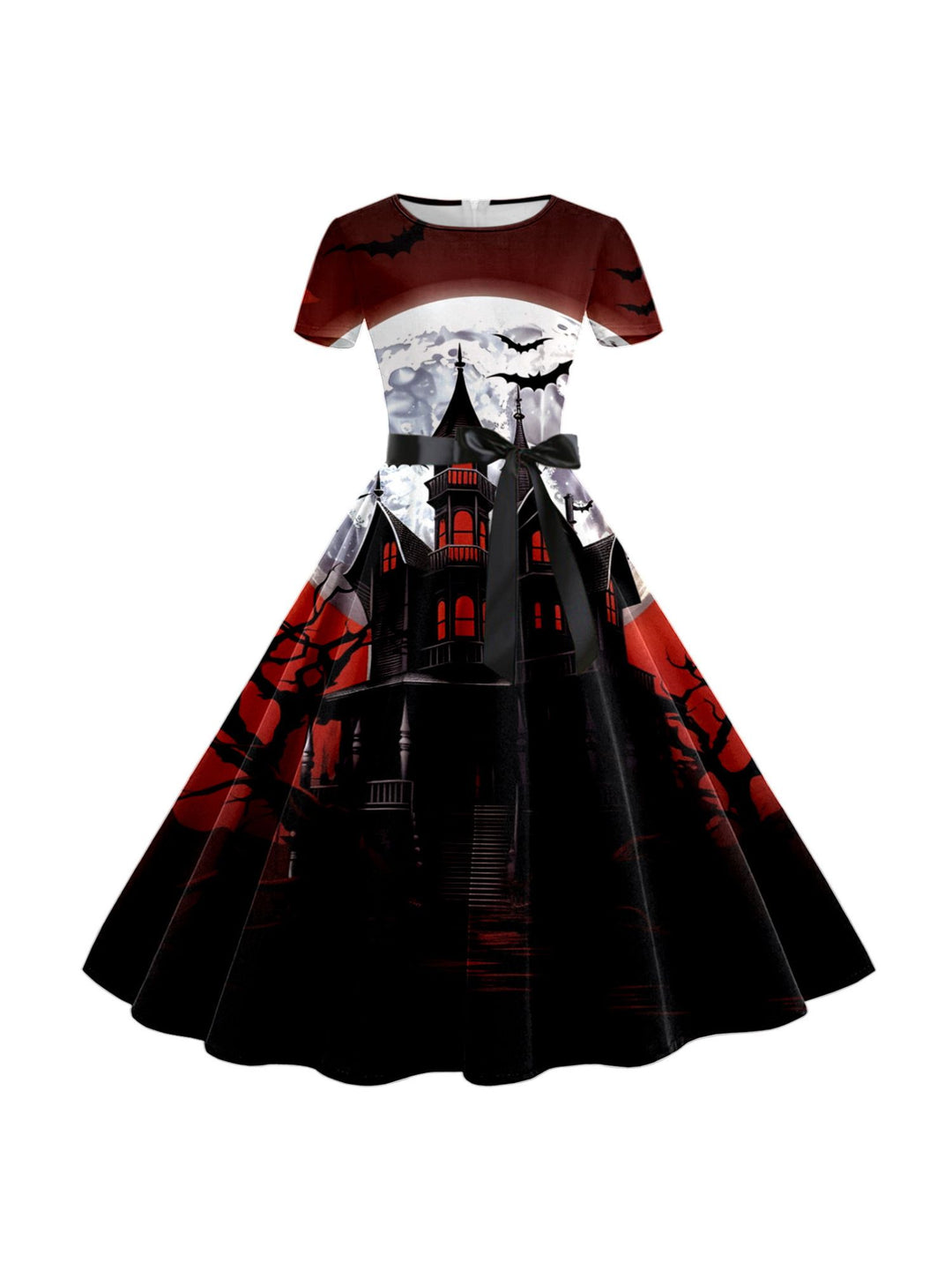 A-Line/Princess Round Neck Short Sleeves Knee Length Halloween Cartoon Printed Performance Costumes Dress