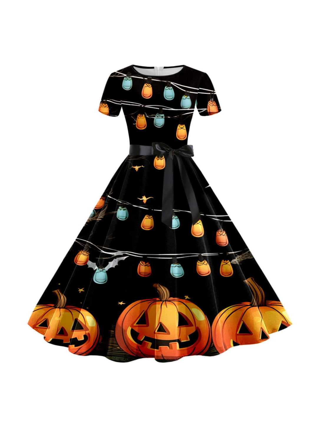 A-Line/Princess Round Neck Short Sleeves Knee Length Halloween Cartoon Printed Performance Costumes Dress