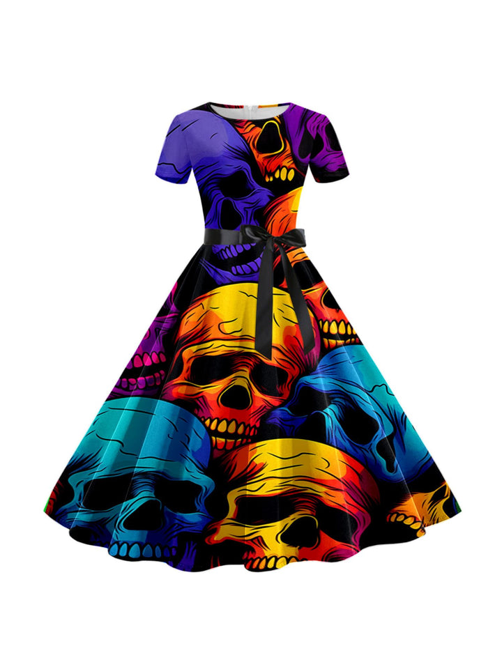 A-Line/Princess Round Neck Short Sleeves Knee Length Halloween Cartoon Printed Performance Costumes Dress