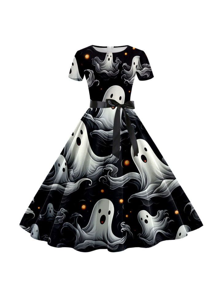 A-Line/Princess Round Neck Short Sleeves Knee Length Halloween Cartoon Printed Performance Costumes Dress