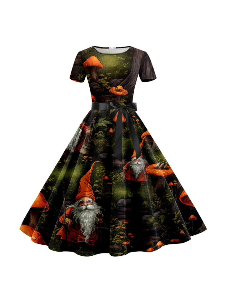 A-Line/Princess Round Neck Short Sleeves Knee Length Halloween Cartoon Printed Performance Costumes Dress