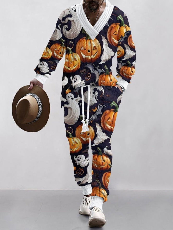 Halloween Casual V-Neck Printed Knit Long Sleeves Men's Suit