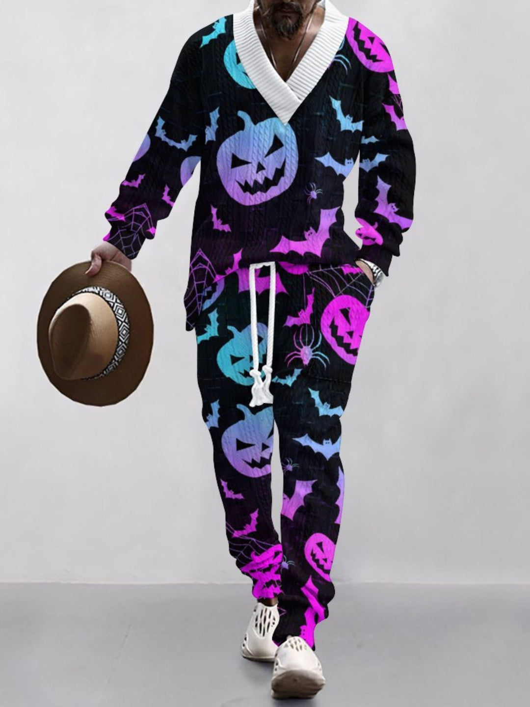 Halloween Casual V-Neck Printed Knit Long Sleeves Men's Suit