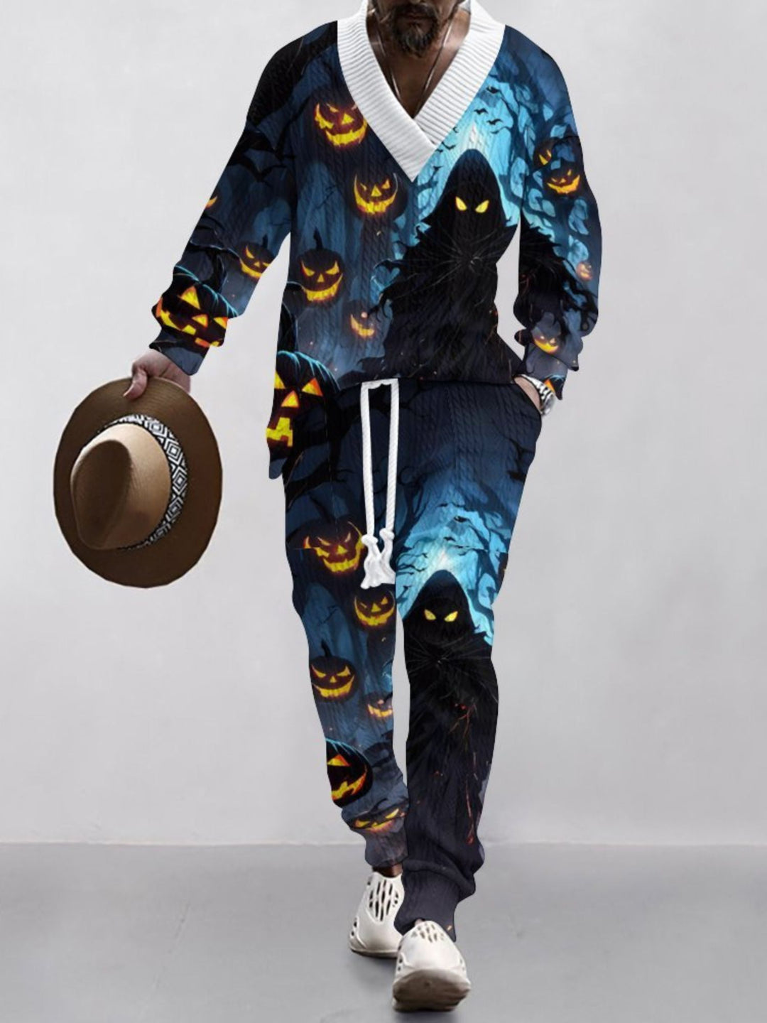 Halloween Casual V-Neck Printed Knit Long Sleeves Men's Suit