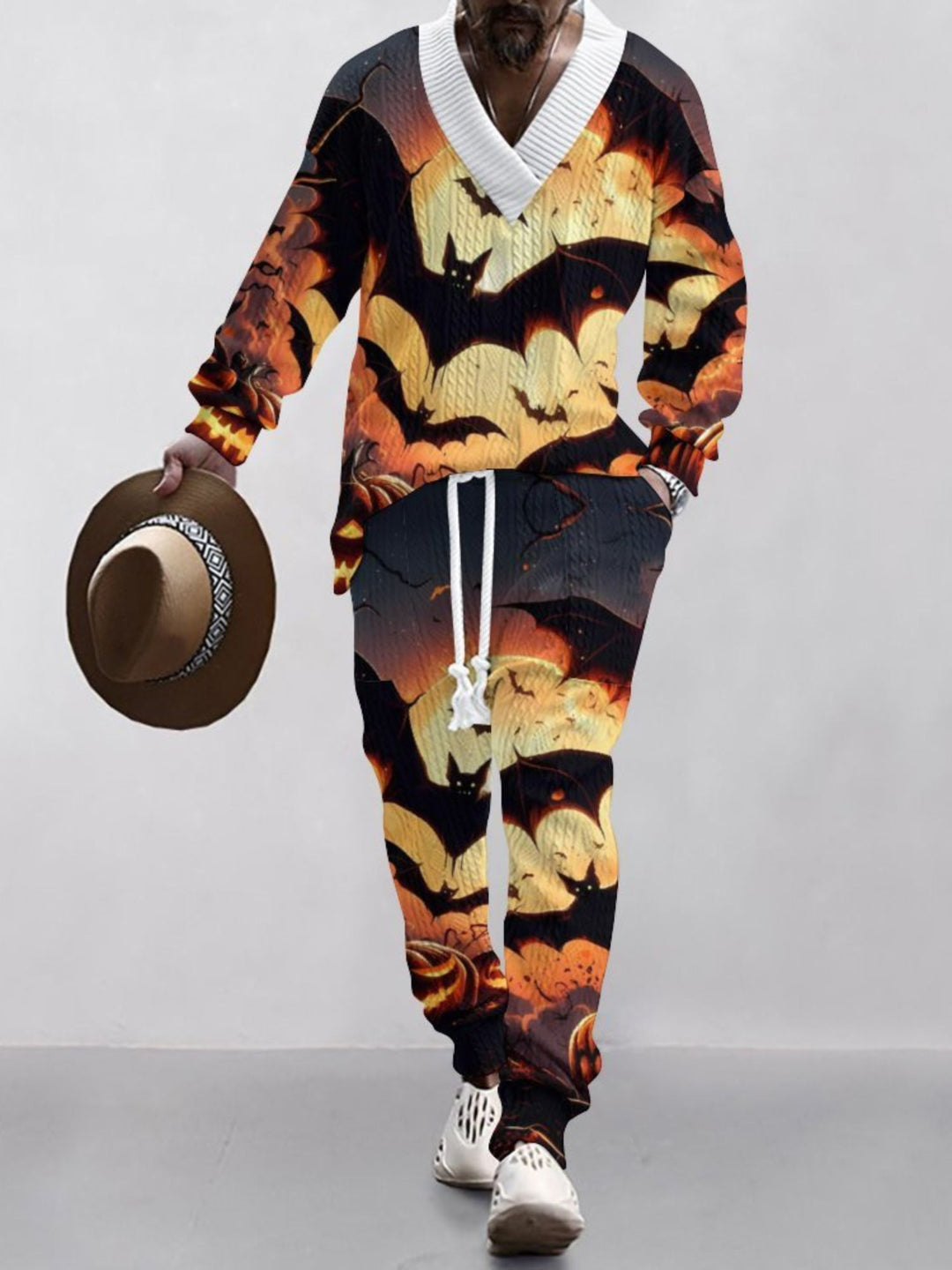 Halloween Casual V-Neck Printed Knit Long Sleeves Men's Suit