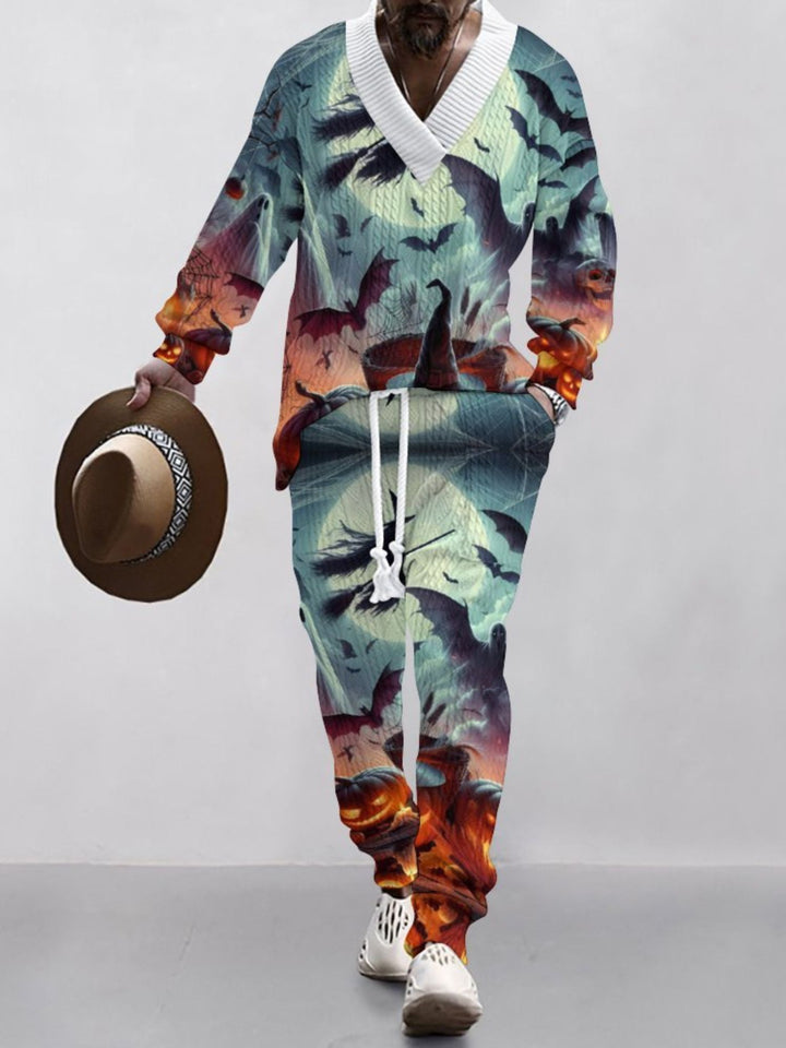 Halloween Casual V-Neck Printed Knit Long Sleeves Men's Suit