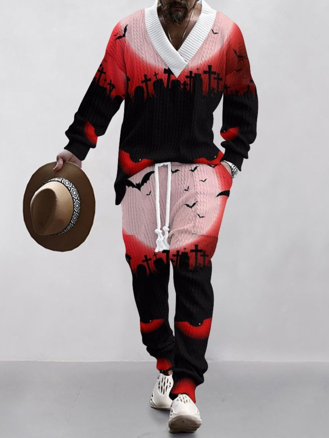 Halloween Casual V-Neck Printed Knit Long Sleeves Men's Suit