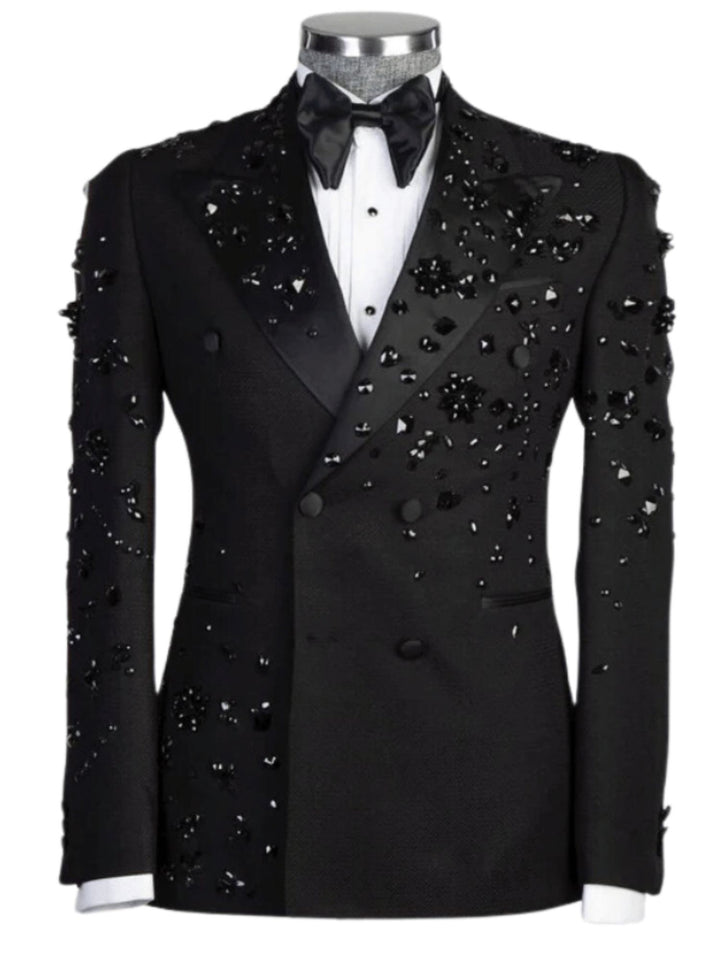 Men's Tailored Fit Double Breasted 2 Pieces Black Beading Sequins Blazer Elegant Halloween Suits
