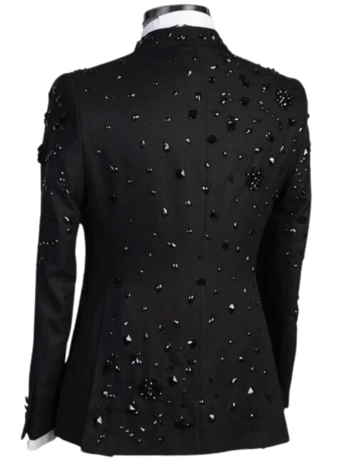 Men's Tailored Fit Double Breasted 2 Pieces Black Beading Sequins Blazer Elegant Halloween Suits