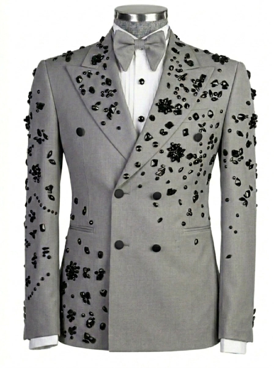 Men's Tailored Fit Double Breasted 2 Pieces Black Beading Sequins Blazer Elegant Halloween Suits