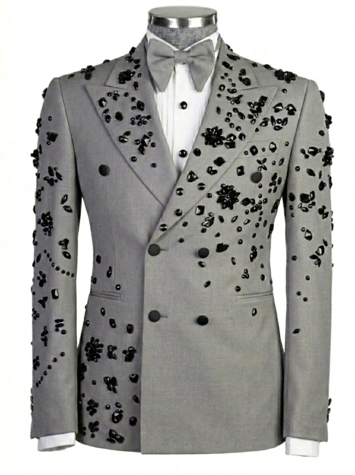 Men's Tailored Fit Double Breasted 2 Pieces Black Beading Sequins Blazer Elegant Halloween Suits