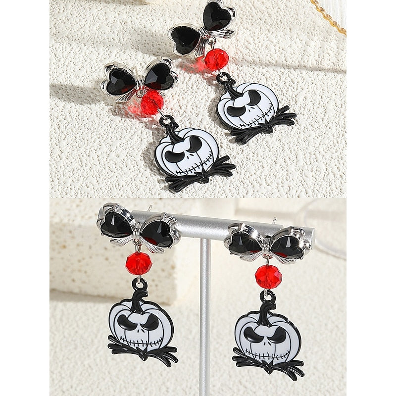 Halloween Black Bow Tie Red Diamond Pumpkin Gothic Earrings Jewelry Set