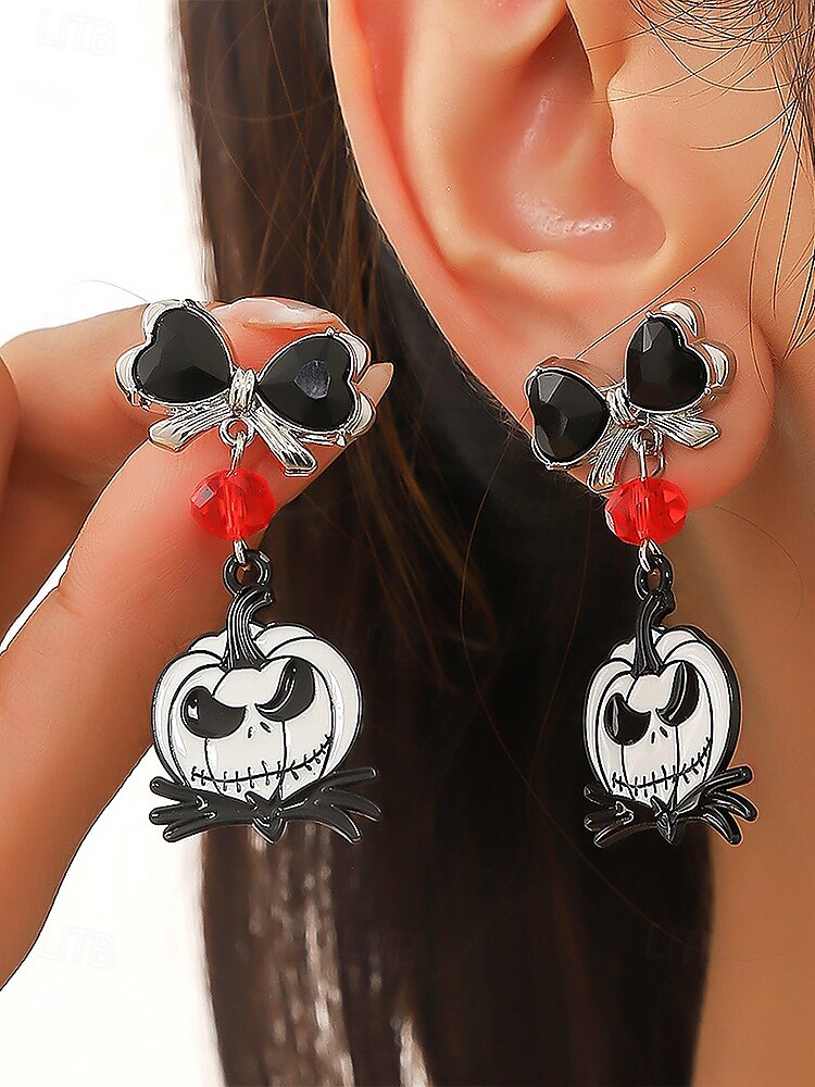 Halloween Black Bow Tie Red Diamond Pumpkin Gothic Earrings Jewelry Set