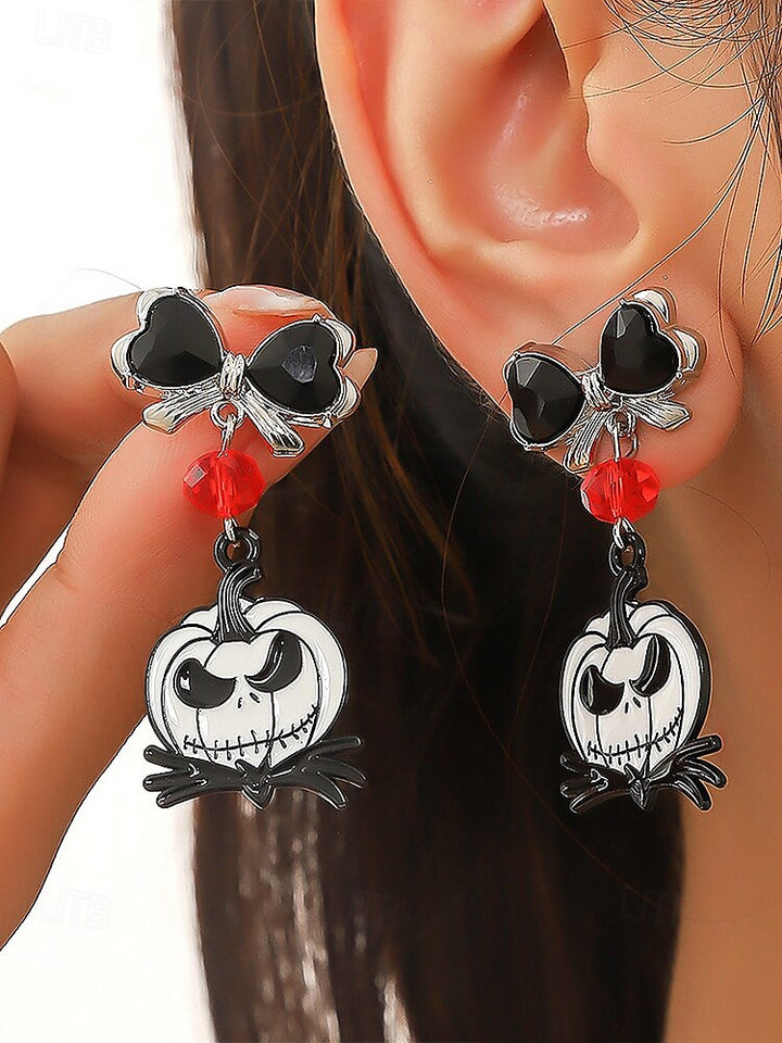 Halloween Black Bow Tie Red Diamond Pumpkin Gothic Earrings Jewelry Set