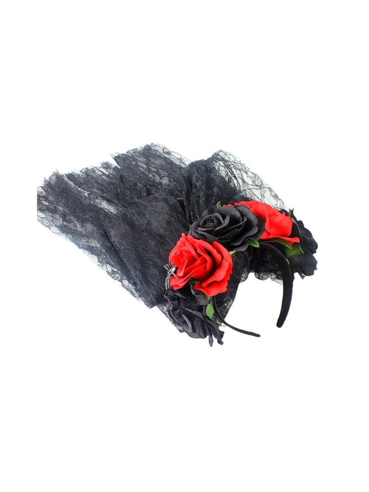 Halloween Black Red Floral Sheer Headdress Cosplay Masquerade Accessory