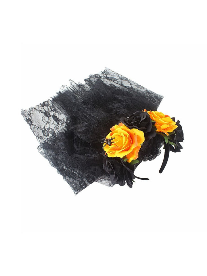 Halloween Black Red Floral Sheer Headdress Cosplay Masquerade Accessory