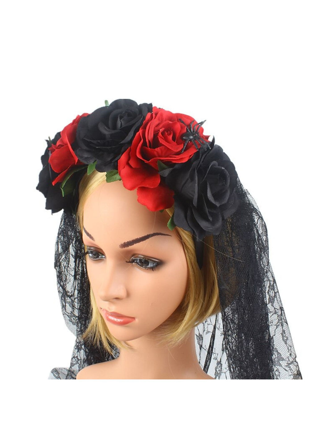 Halloween Black Red Floral Sheer Headdress Cosplay Masquerade Accessory