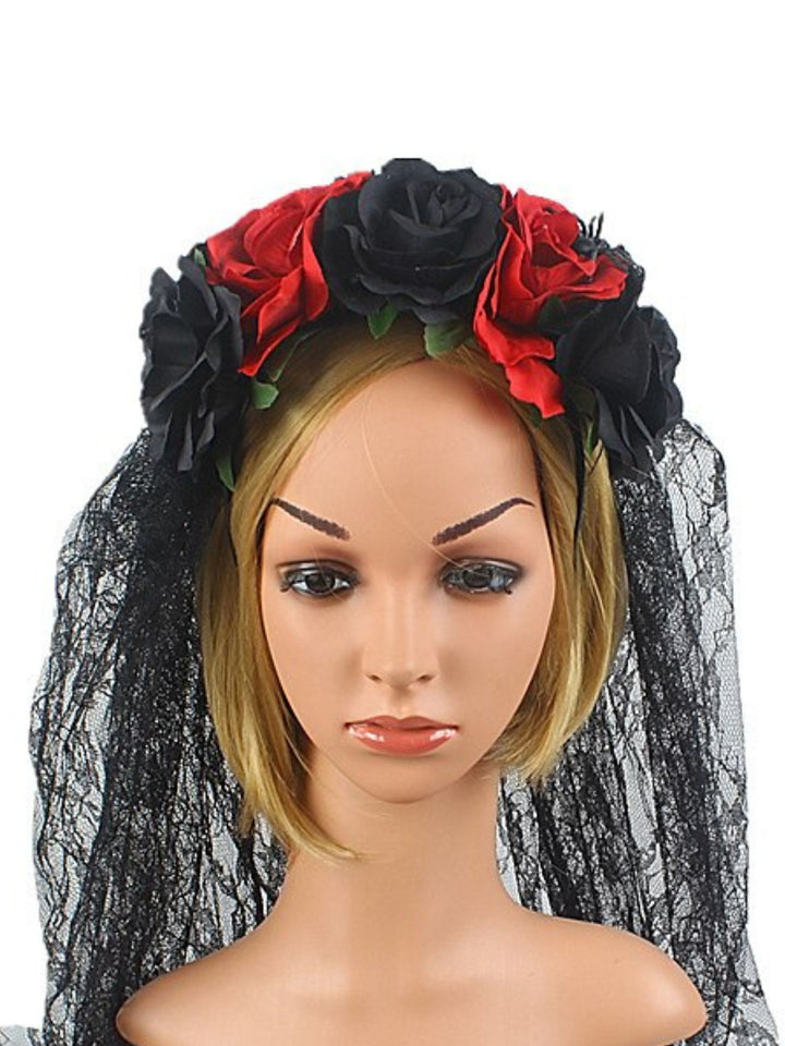 Halloween Black Red Floral Sheer Headdress Cosplay Masquerade Accessory