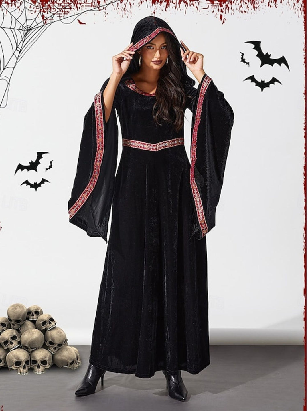 A-Line/Princess Vintage Floral Scoop Long Bell Sleeves Floor-Length Halloween Performance Costumes Dress