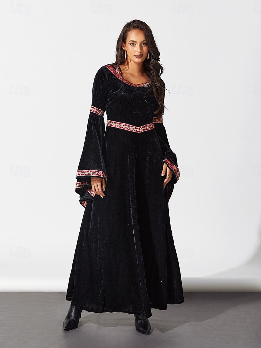 A-Line/Princess Vintage Floral Scoop Long Bell Sleeves Floor-Length Halloween Performance Costumes Dress