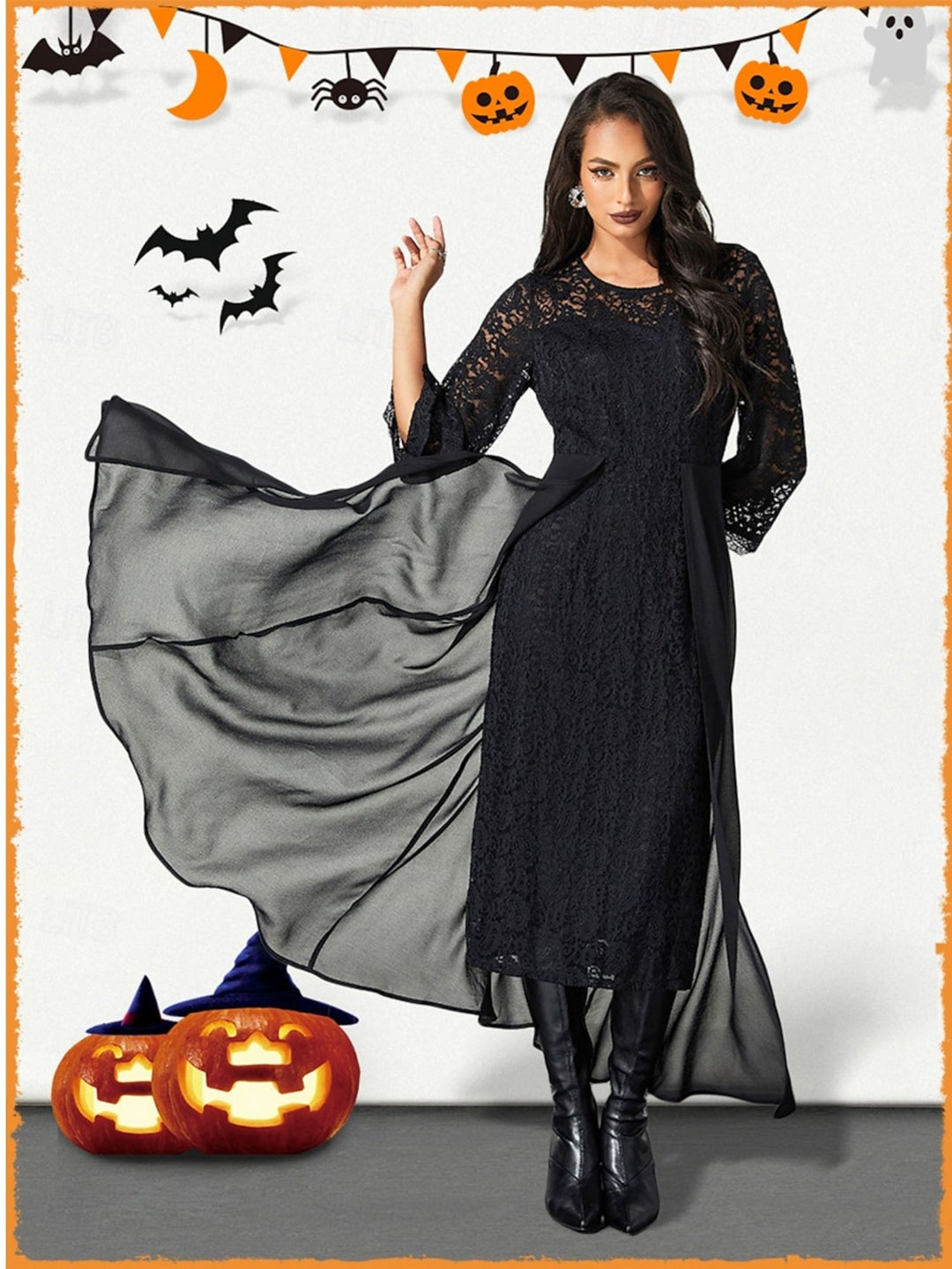 A-Line/Princess Black Appliques Lace Scoop Neck Long Sleeves Ankle Length Halloween Performance Costumes Dress