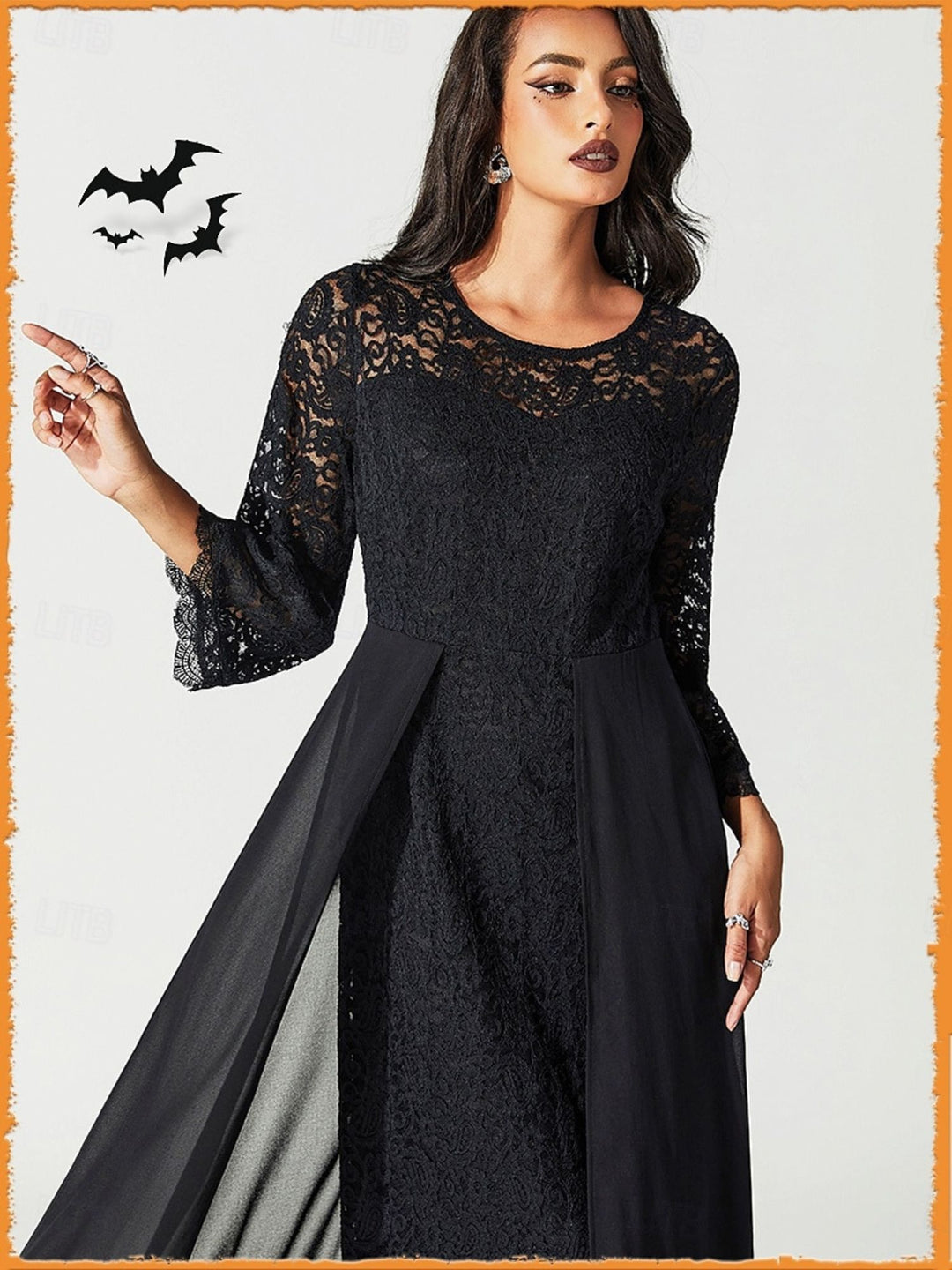 A-Line/Princess Black Appliques Lace Scoop Neck Long Sleeves Ankle Length Halloween Performance Costumes Dress