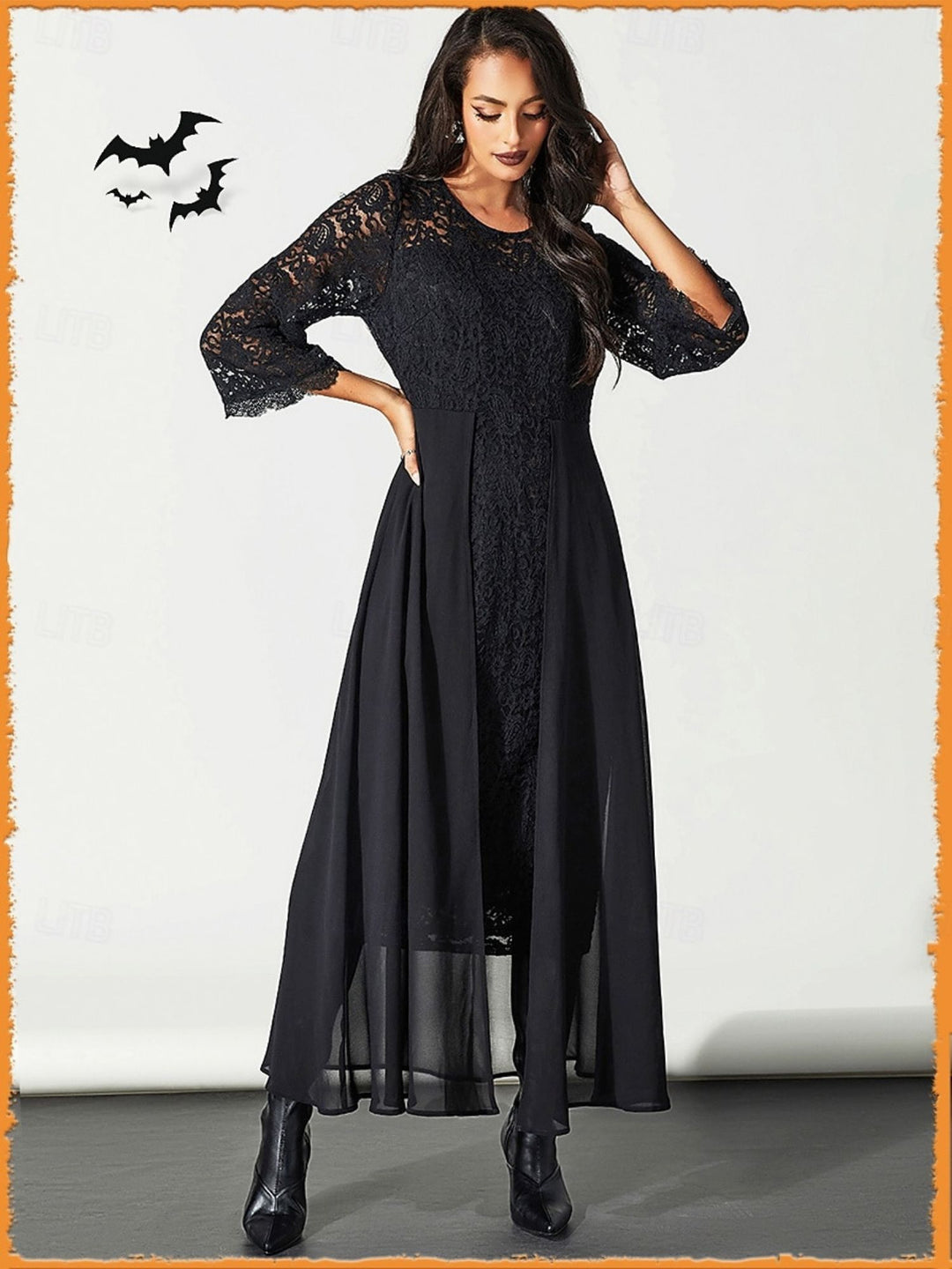 A-Line/Princess Black Appliques Lace Scoop Neck Long Sleeves Ankle Length Halloween Performance Costumes Dress