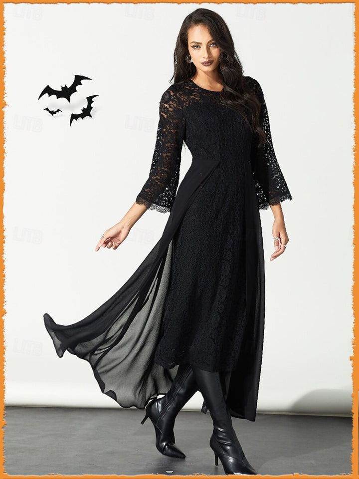 A-Line/Princess Black Appliques Lace Scoop Neck Long Sleeves Ankle Length Halloween Performance Costumes Dress