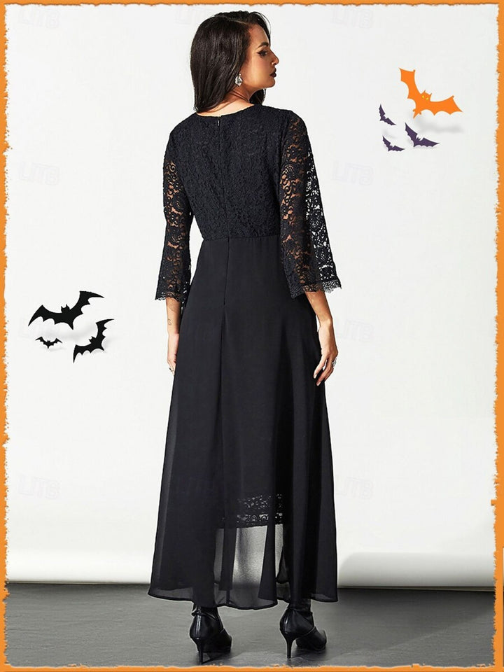 A-Line/Princess Black Appliques Lace Scoop Neck Long Sleeves Ankle Length Halloween Performance Costumes Dress