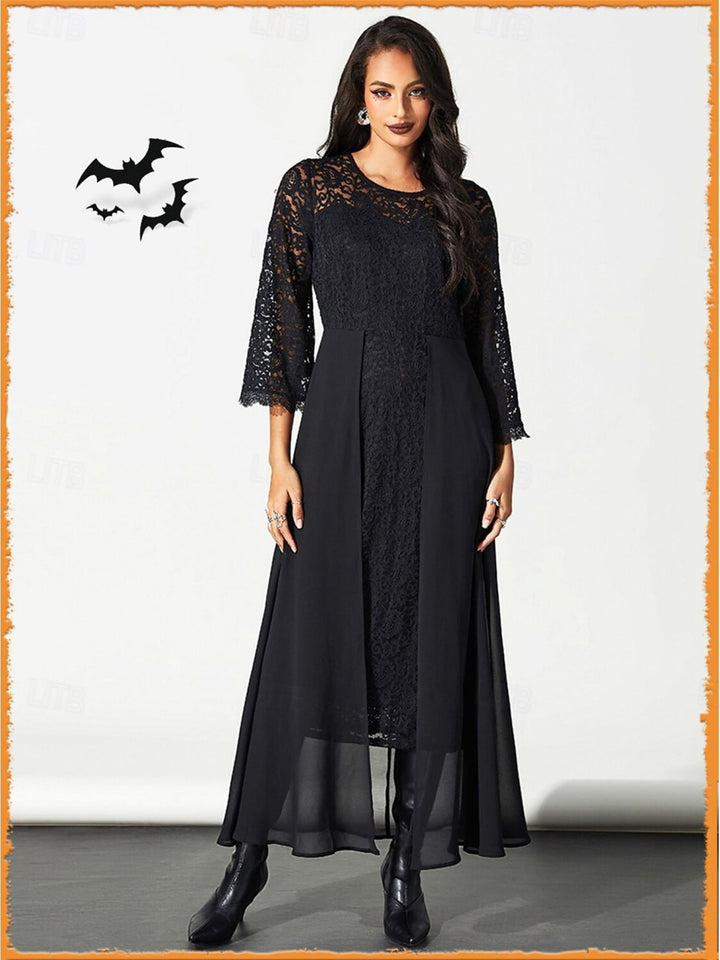 A-Line/Princess Black Appliques Lace Scoop Neck Long Sleeves Ankle Length Halloween Performance Costumes Dress