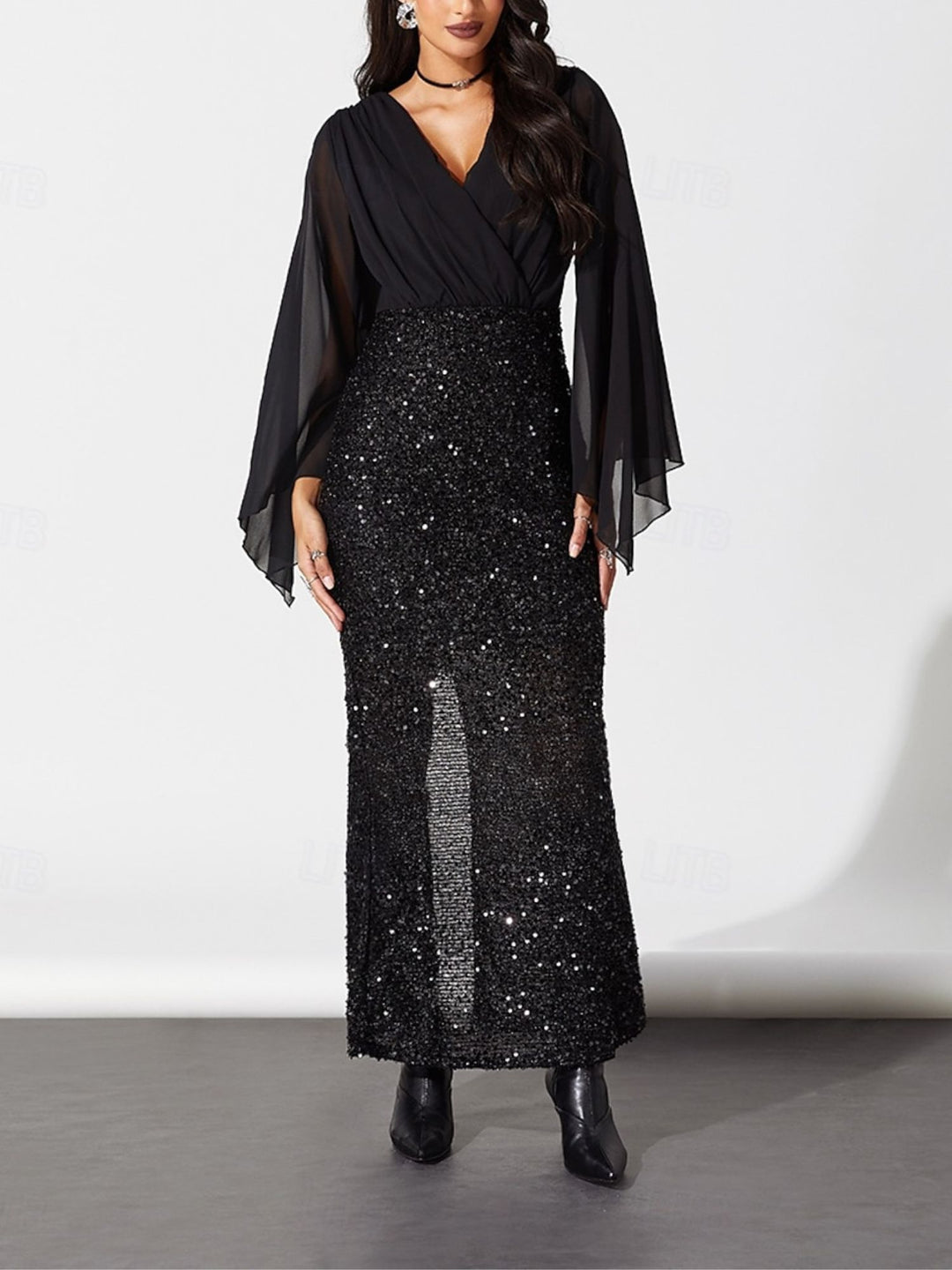 Sheath/Column Black V-Neck Long Sleeves Ankle Length Sequins Halloween Performance Costumes Dress