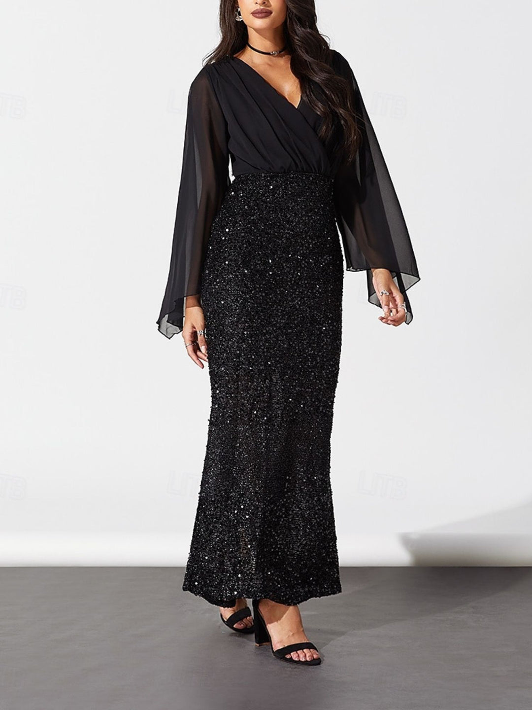 Sheath/Column Black V-Neck Long Sleeves Ankle Length Sequins Halloween Performance Costumes Dress