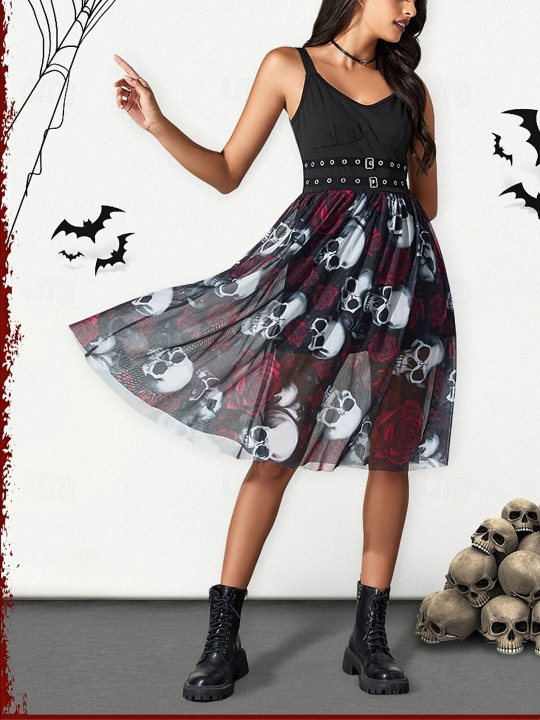 A-Line/Princess Skull Rose V-Neck Sleeveless Knee-Length Strap Halloween Performance Costumes Dress